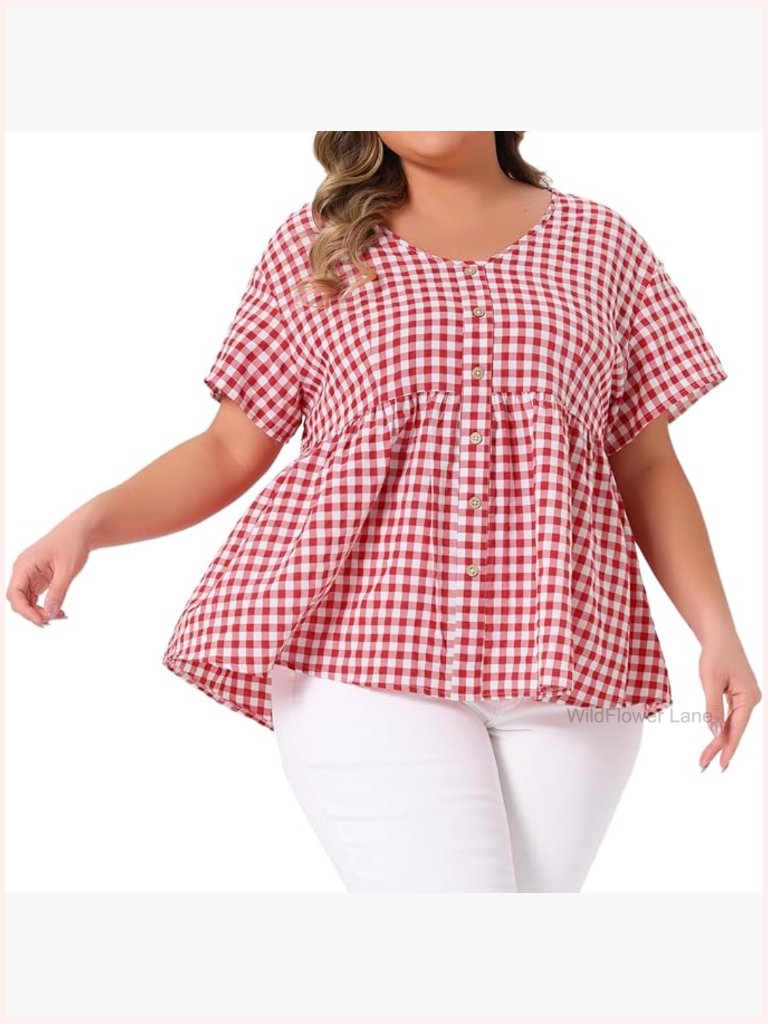 Plus Size Gingham Blouse V Neck Short Sleeve Peplum Top